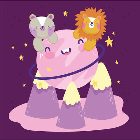 lion cat planet mountains cute cartoonのイラスト素材