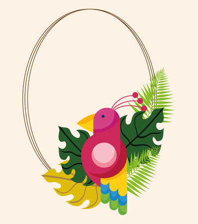 exotic bird oval frame leaves natureのイラスト素材