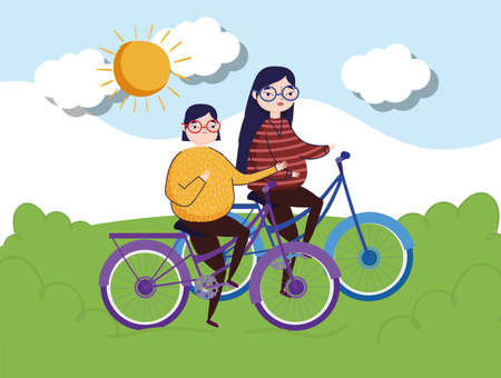 girls riding bikes outdoor sceneryのイラスト素材