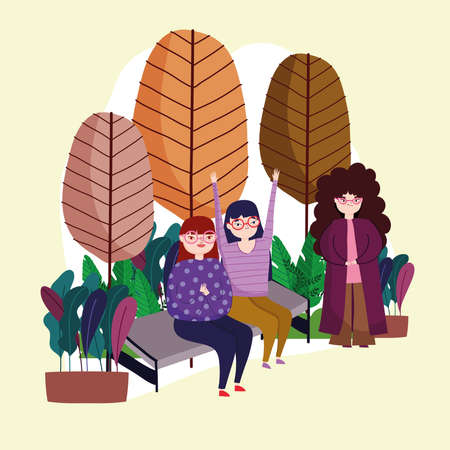 girls happy outdoor on benchのイラスト素材