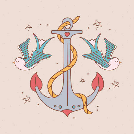 anchor birds tattooのイラスト素材