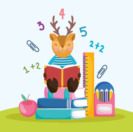 cute deer reading bookのイラスト素材