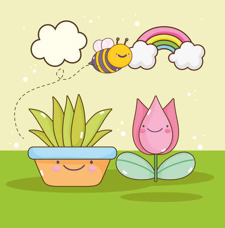cute flower and plant with beeのイラスト素材