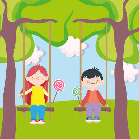 boy and girl play swingのイラスト素材