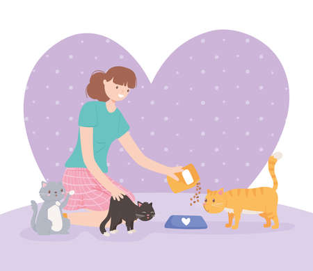 woman feeding catsのイラスト素材