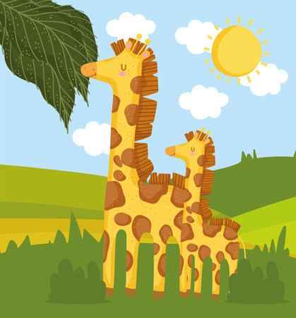 giraffe family in meadowのイラスト素材