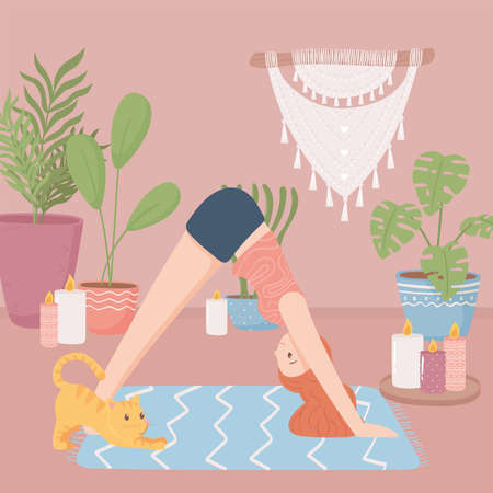 woman making yoga with a catのイラスト素材