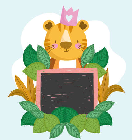 cute tiger and board with foliageのイラスト素材