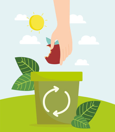 hand with apple on trash recyclingのイラスト素材