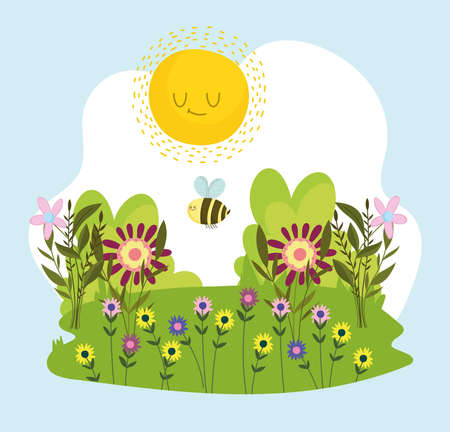 cartoon bee and flowersのイラスト素材