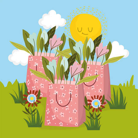 paper bags with flowersのイラスト素材