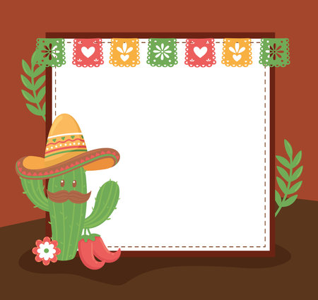 cute cactus with mexican hat and blank bannerのイラスト素材