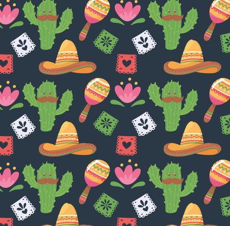 mexican cactus hat and maracaのイラスト素材