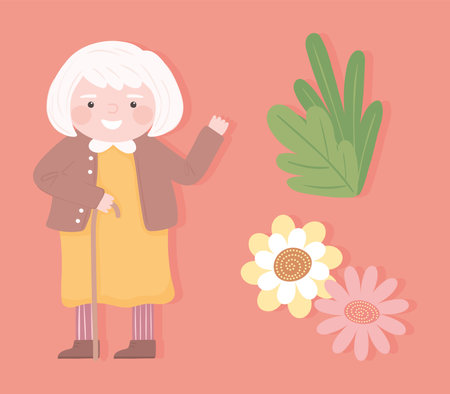 grandman with flowers setのイラスト素材