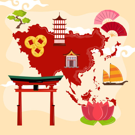 map of asia and cultural iconsのイラスト素材