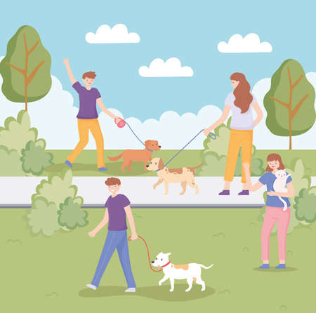 people walk with petsのイラスト素材