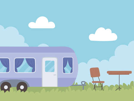 trailer camper in fieldのイラスト素材