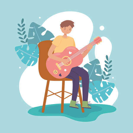 boy sitting learning to play guitarのイラスト素材