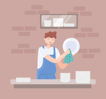young man washing dishesのイラスト素材