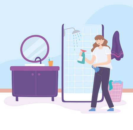 woman with detergent cleaningのイラスト素材