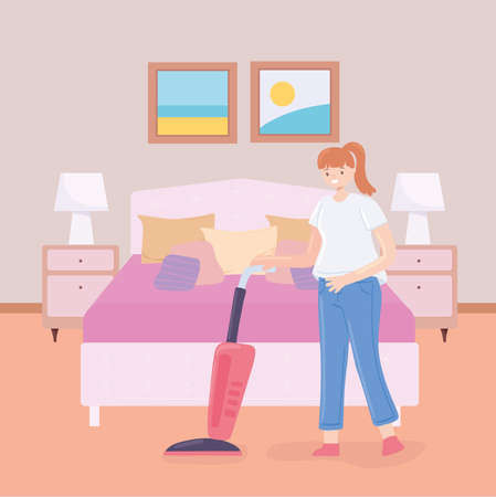 woman with vacuum in bedroomのイラスト素材