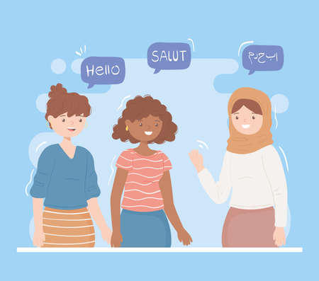 women greeting different languagesのイラスト素材