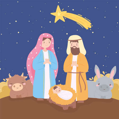 cartoon manger cute mary joseph and babyのイラスト素材