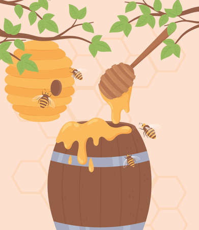 honey hive and barrelのイラスト素材