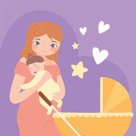 mom and baby with pramのイラスト素材