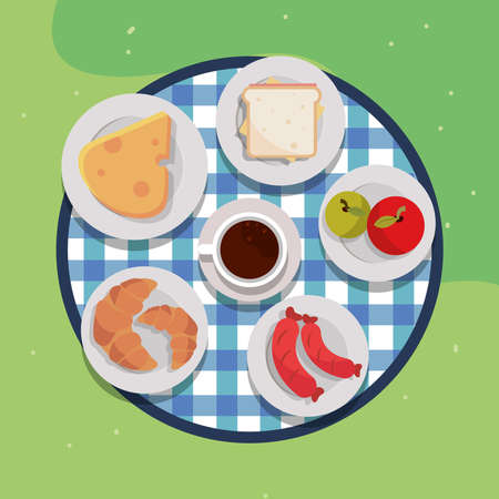 picnic food on blue clothのイラスト素材