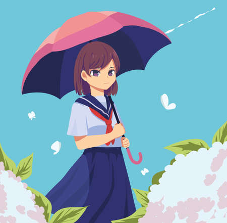 anime student with umbrellaのイラスト素材
