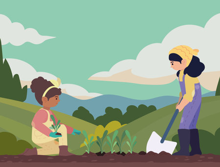 female farmers planting in the fieldのイラスト素材