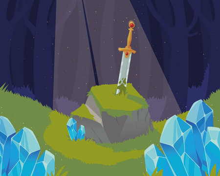 enchanted forest sword in stoneのイラスト素材