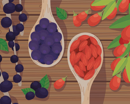 fruits in spoonsのイラスト素材