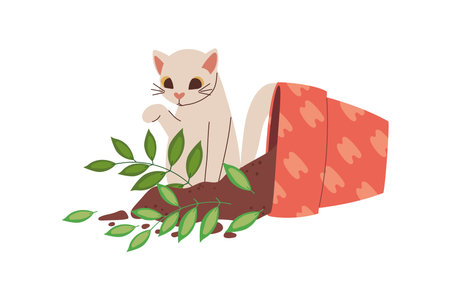 Cute kitten playing with plantのイラスト素材