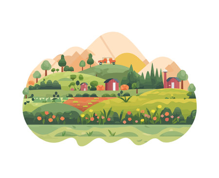 Green landscape, meadow and cottagesのイラスト素材