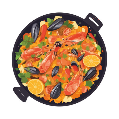 Fresh seafood and veggies in gourmet paellaのイラスト素材