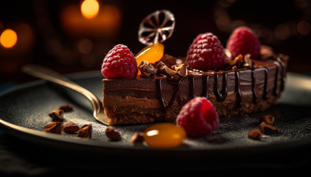 Indulgent chocolate cheesecake with fresh berry decoration generated by artificial intelligenceの素材