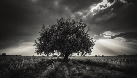 Silhouette of old tree in moody sky generated by artificial intelligenceの素材