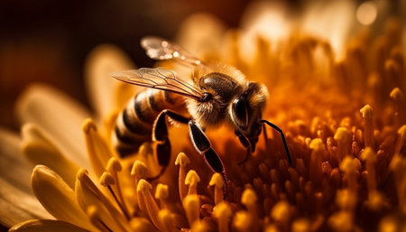 Busy honey bee collecting pollen from flower generated by artificial intelligenceの素材