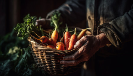 One man holding fresh organic vegetable harvest generated by artificial intelligenceの素材