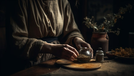 Handmade dough on rustic wooden table flame cooked generated by artificial intelligenceの素材