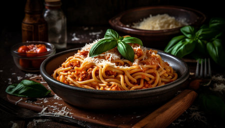 Freshly cooked pasta with bolognese sauce and parmesan generated by artificial intelligenceの素材