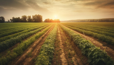 Vibrant sunset meadow, organic growth in nature generated by artificial intelligenceの素材