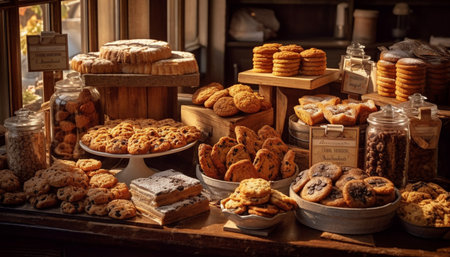 Abundance of homemade chocolate chip cookies stacked high generated by artificial intelligenceの素材
