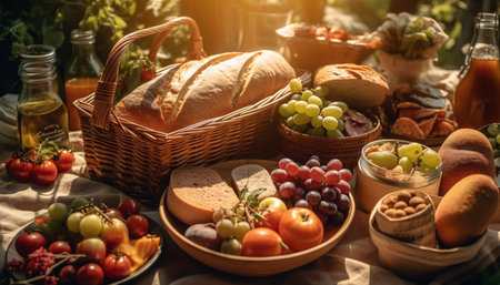 Fresh organic picnic meal with wine variation generated by artificial intelligenceの素材