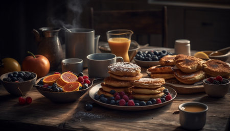Fresh blueberry pancakes on rustic wooden table generated by artificial intelligenceの素材