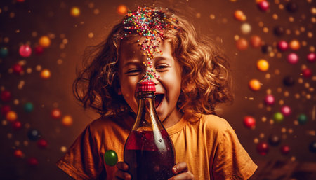 Cute girl enjoys fun birthday party celebration generated by artificial intelligenceの素材