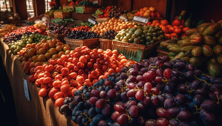 Fresh organic fruits and vegetables in abundance generated by artificial intelligenceの素材