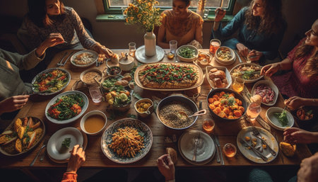 Group of people enjoying homemade gourmet brunch generated by artificial intelligenceの素材